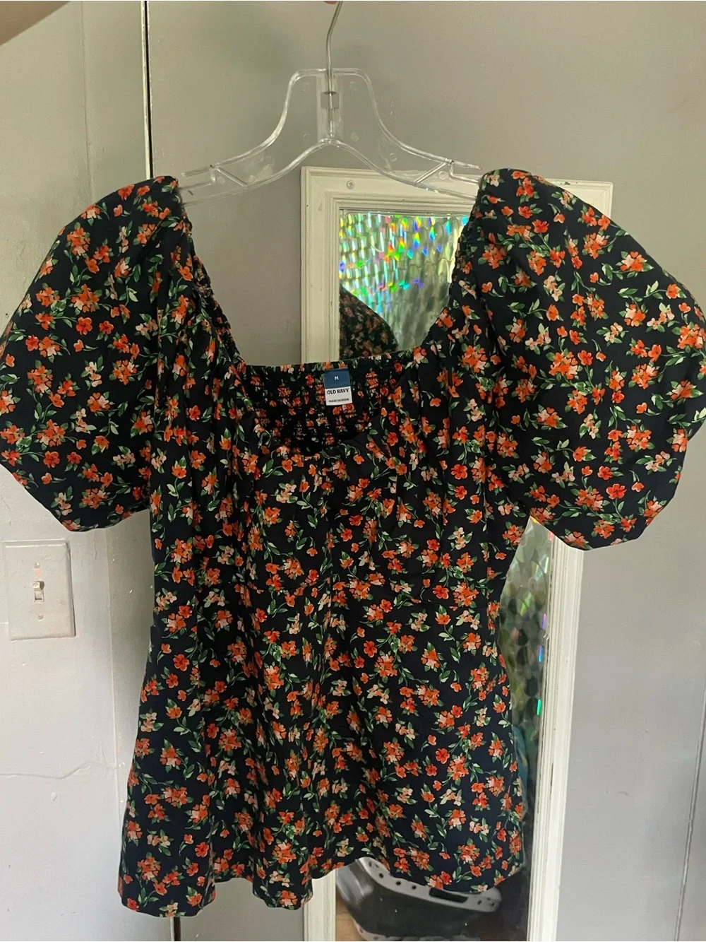 Old Navy Black Puff-Sleeve Floral Blouse with Orange Flowers